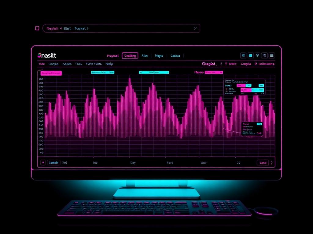 Retro neon data visualization interface on a CRT monitor