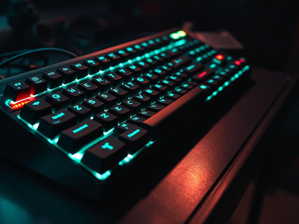Custom mechanical keyboard glowing teal in a dark workshop